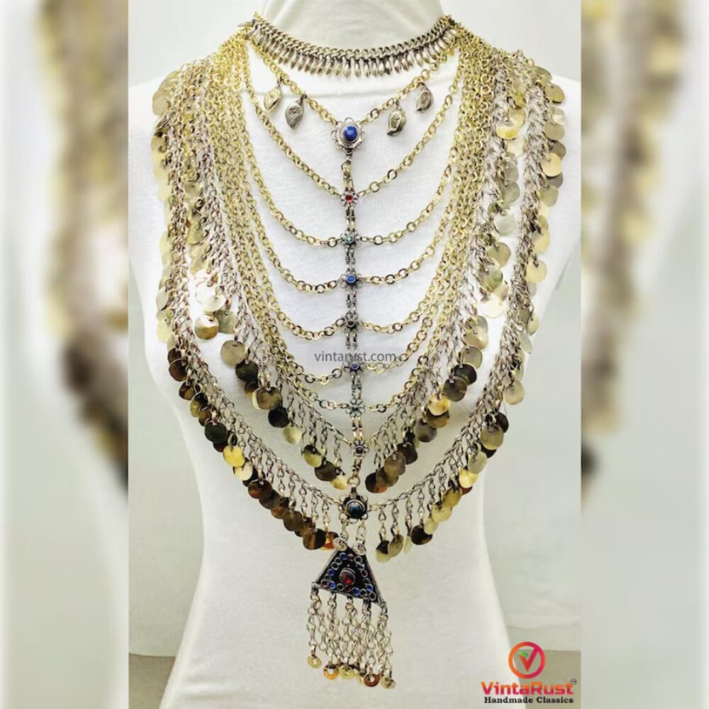 Bohemian Afghan Coin Necklace: Oversized Multi Strand Festival Choker Necklace